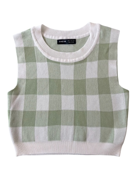 SHEIN Tops - SHEIN Green & White Checkered Sweater Vest Cropped Top Size Small